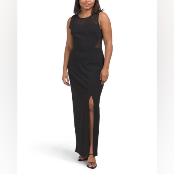 Donna Morgan Sleeveless Maxi Dress w/ Mesh Illusion Neckline & Side Slit - 12 - Picture 3 of 6